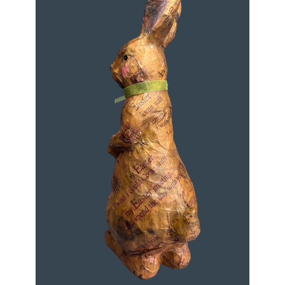 Vintage Decoupage Paper Mache Bunny Rabbit Postcard Print Green Bow 16" - Picture 8 of 12